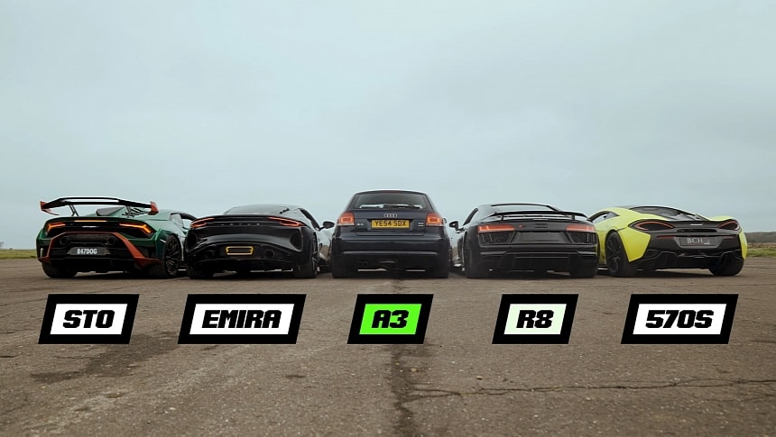Audi A3 sleeper vs. McLaren 570S vs. Audi R8 V10 vs Lamborghini Huracan STO