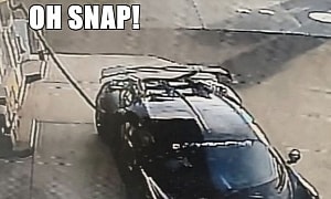 Here's a Bugatti Chiron Pur Sport Pulling Out of a Gas Station With the Nozzle Attached