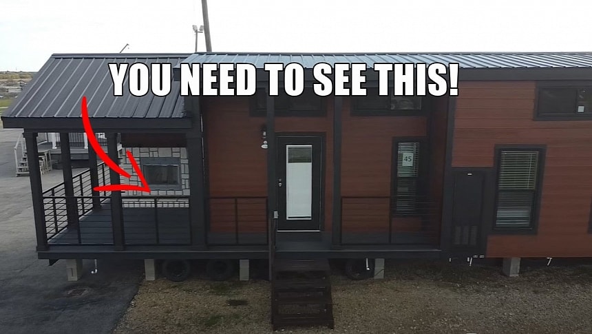 The Zircon tiny house boasts a fireplace on the porch and an XL kitchen 